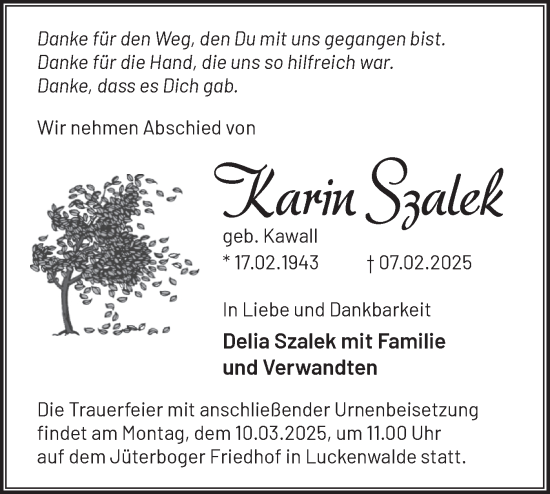 Traueranzeige von Karin Szalek von Märkische Oderzeitung