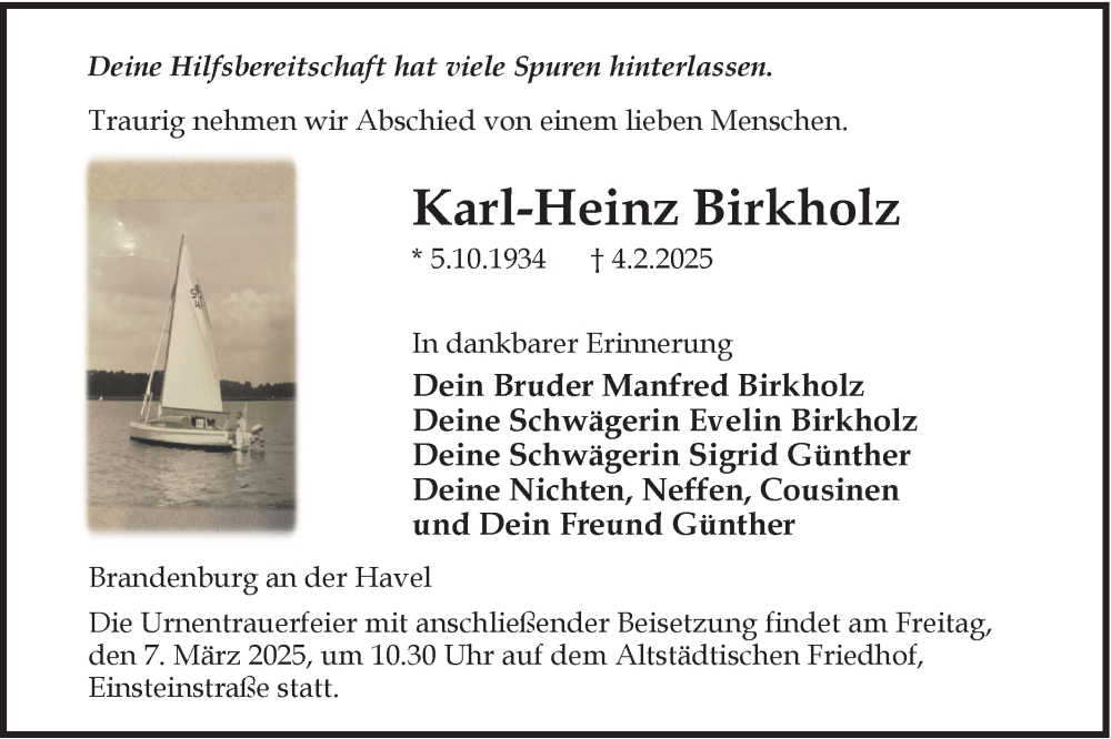  Traueranzeige für Karl-Heinz Birkholz vom 15.02.2025 aus Märkische Oderzeitung