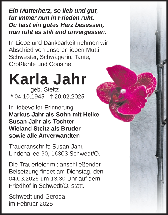 Traueranzeige von Karla Jahr von Märkische Oderzeitung