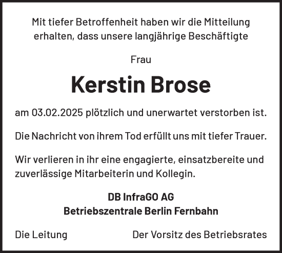 Traueranzeige von Kerstin Brose von Märkische Oderzeitung