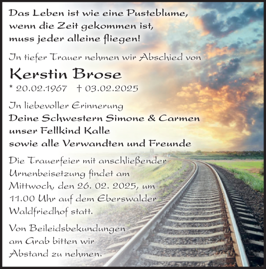 Traueranzeige von Kerstin Brose von Märkische Oderzeitung
