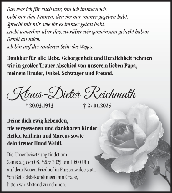 Traueranzeige von Klaus-Dieter Reichmuth von Märkische Oderzeitung