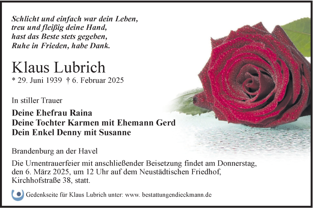  Traueranzeige für Klaus Lubrich vom 22.02.2025 aus Märkische Oderzeitung