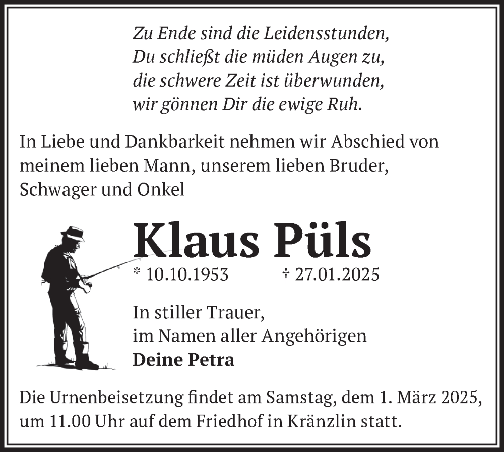  Traueranzeige für Klaus Püls vom 22.02.2025 aus Märkische Oderzeitung