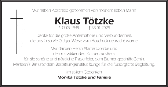 Traueranzeige von Klaus Tötzke von Märkische Oderzeitung