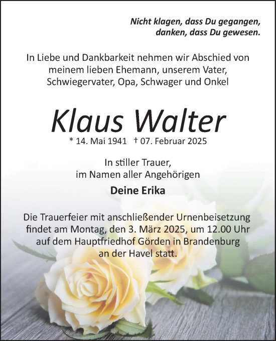 Traueranzeige von Klaus Walter von Märkische Oderzeitung
