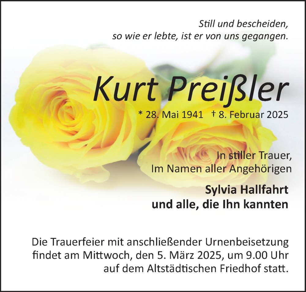  Traueranzeige für Kurt Preißler vom 22.02.2025 aus Märkische Oderzeitung