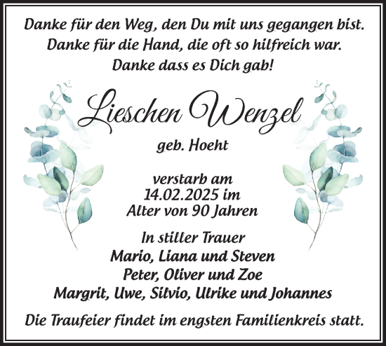 Traueranzeige von Lieschen Wenzel von Märkische Oderzeitung