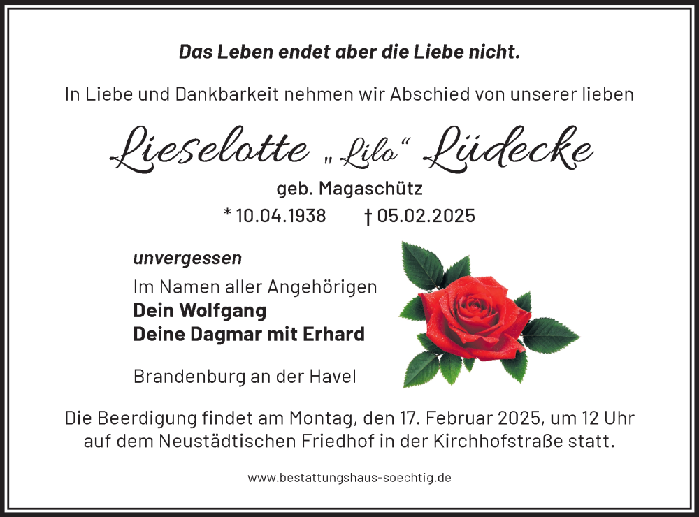  Traueranzeige für Lieselotte Lüdecke vom 15.02.2025 aus Märkische Oderzeitung