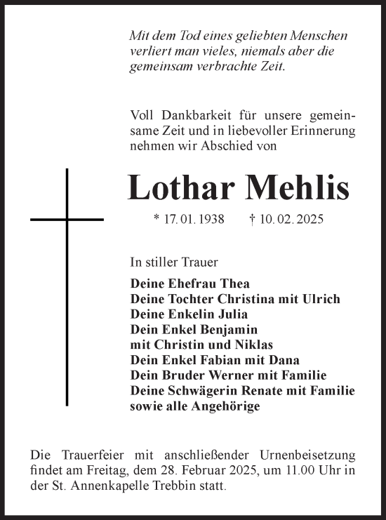 Traueranzeige von Lothar Mehlis von Märkische Oderzeitung