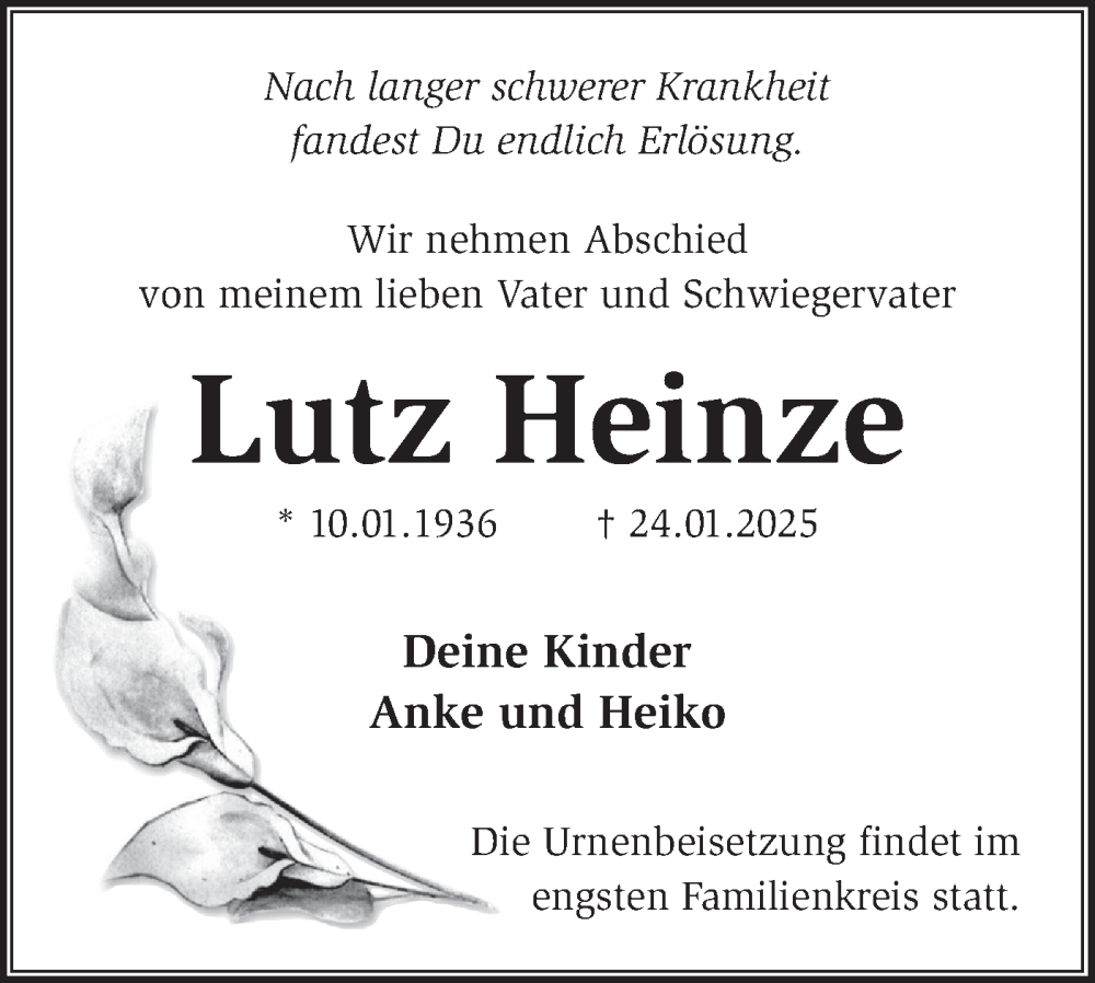  Traueranzeige für Lutz Heinze vom 08.02.2025 aus Märkische Oderzeitung