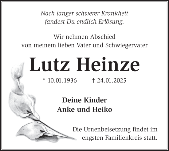 Traueranzeige von Lutz Heinze von Märkische Oderzeitung