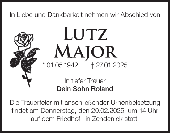 Traueranzeige von Lutz Major von Märkische Oderzeitung
