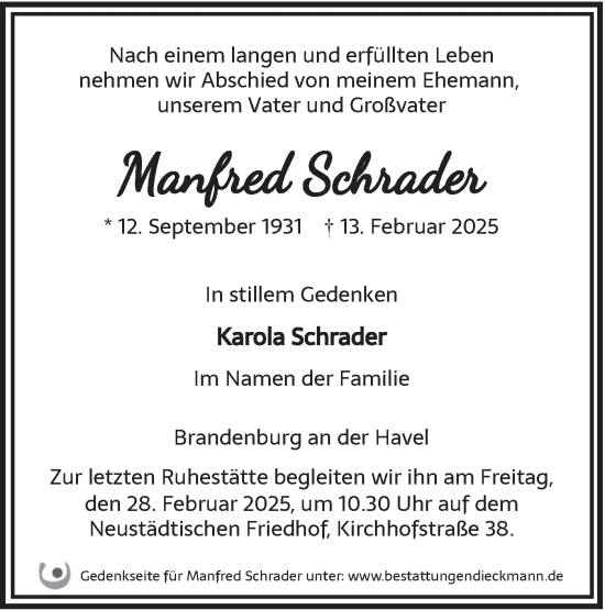 Traueranzeige von Manfred Schrader von Märkische Oderzeitung