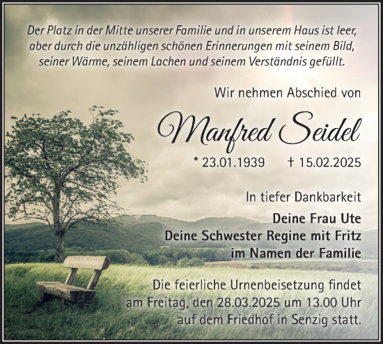 Traueranzeige von Manfred Seidel von Märkische Oderzeitung
