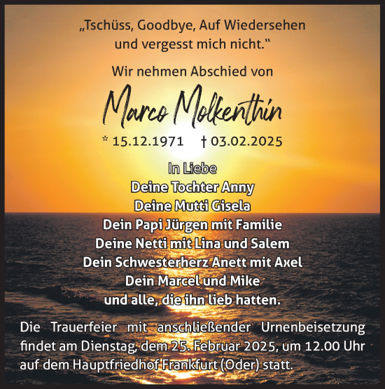 Traueranzeige von Marco Molkenthin von Märkische Oderzeitung