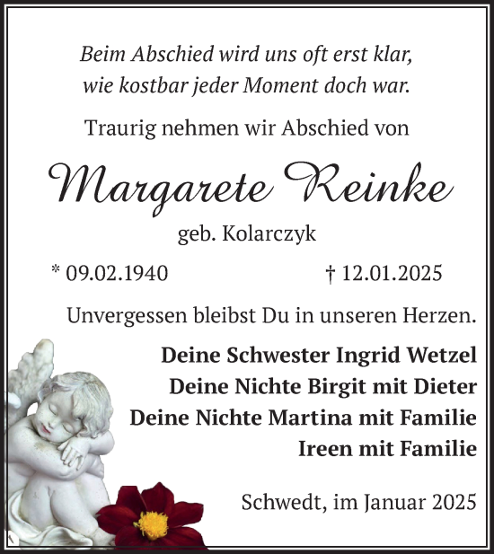 Traueranzeige von Margarete Reinke von Märkische Oderzeitung