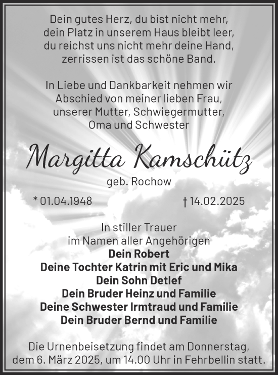 Traueranzeige von Margitta Kamschütz von Märkische Oderzeitung