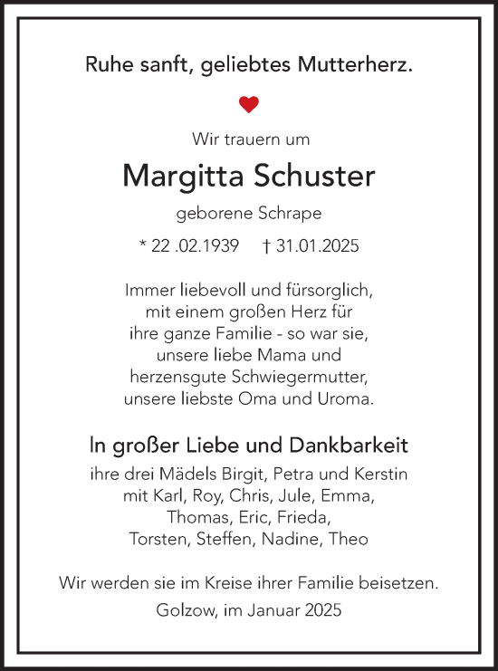 Traueranzeige von Margitta Schuster von Märkische Oderzeitung