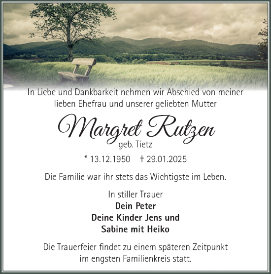 Traueranzeige von Margret Rutzen von Märkische Oderzeitung
