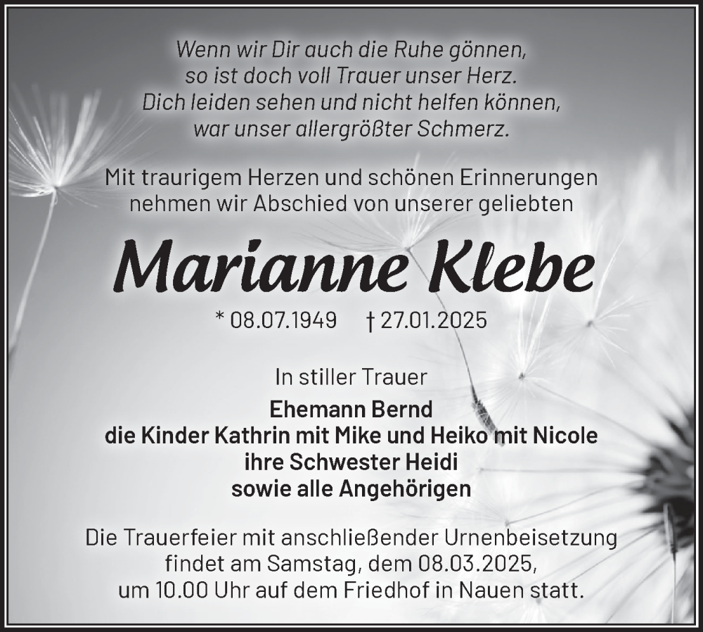  Traueranzeige für Marianne Klebe vom 15.02.2025 aus Märkische Oderzeitung