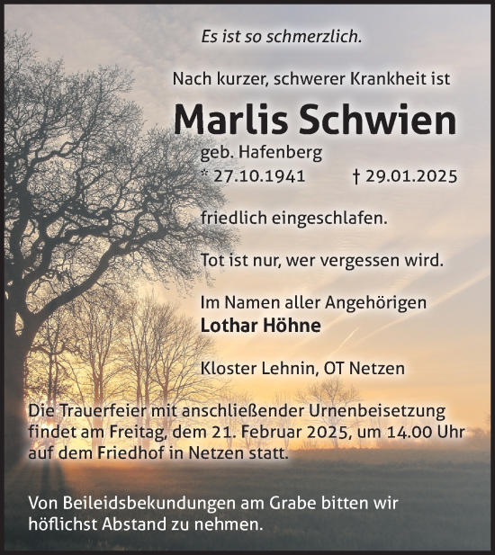 Traueranzeige von Marlis Schwien von Märkische Oderzeitung