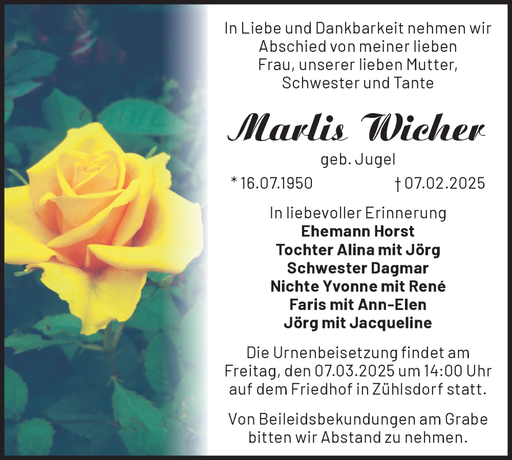  Traueranzeige für Marlis Wicher vom 22.02.2025 aus Märkische Oderzeitung