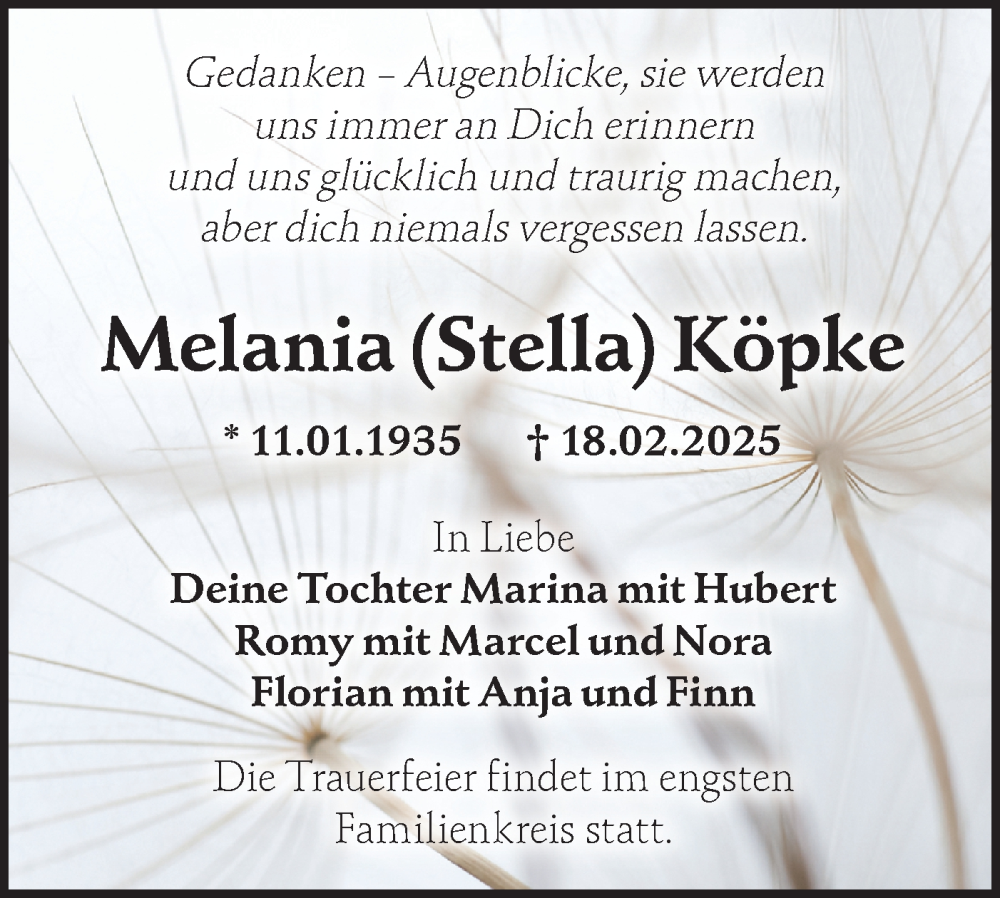  Traueranzeige für Melania Köpke vom 22.02.2025 aus Märkische Oderzeitung