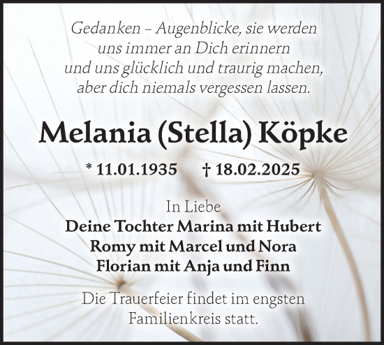 Traueranzeige von Melania Köpke von Märkische Oderzeitung