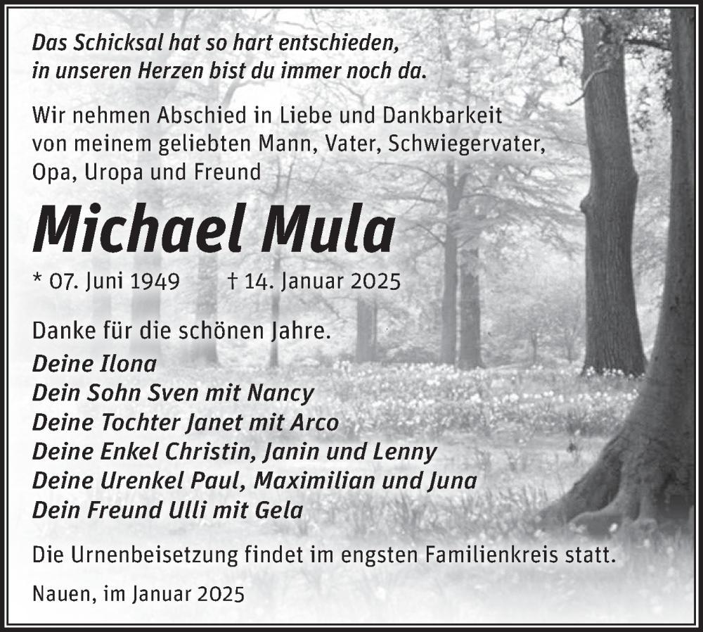  Traueranzeige für Michael Mula vom 01.02.2025 aus Märkische Oderzeitung