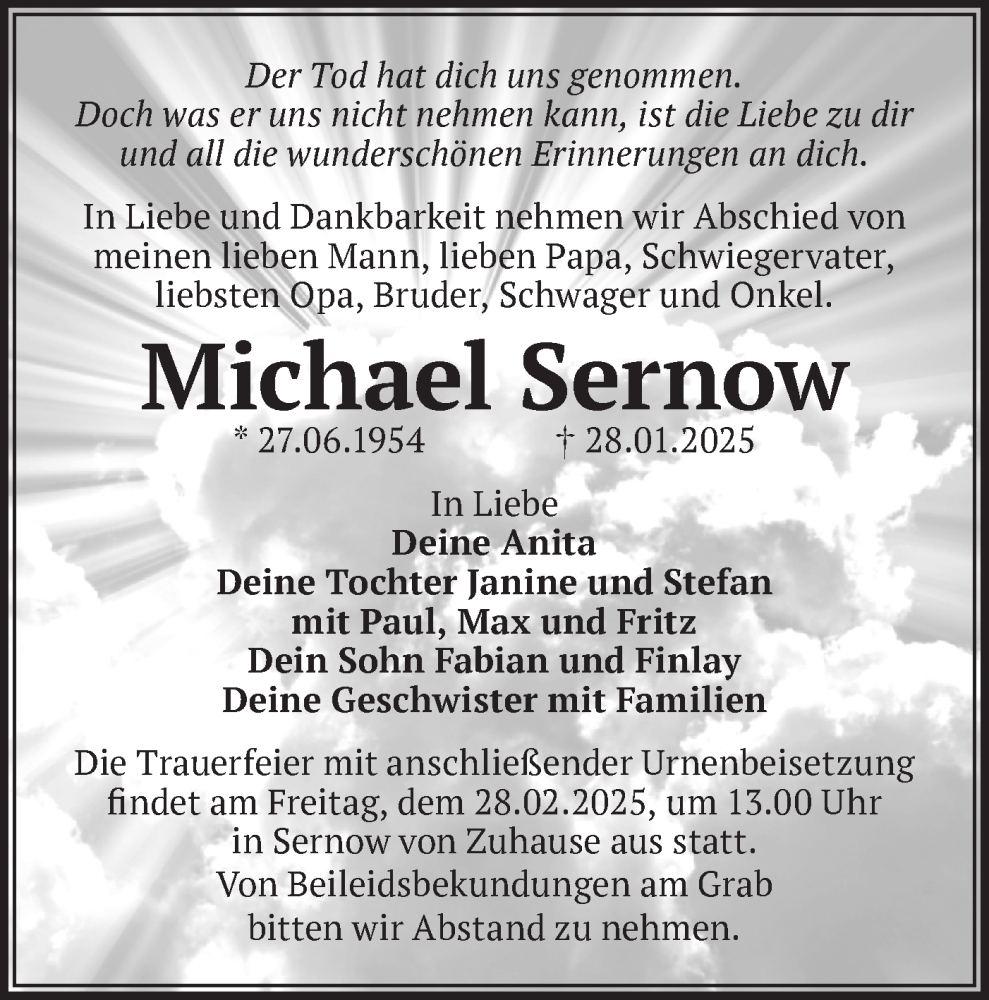  Traueranzeige für Michael Sernow vom 15.02.2025 aus Märkische Oderzeitung