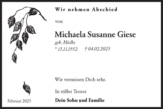 Traueranzeige von Michaela Susanne Giese von Märkische Oderzeitung
