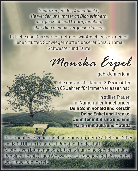 Traueranzeige von Monika Eipel von Märkische Oderzeitung