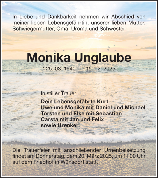 Traueranzeige von Monika Unglaube von Märkische Oderzeitung