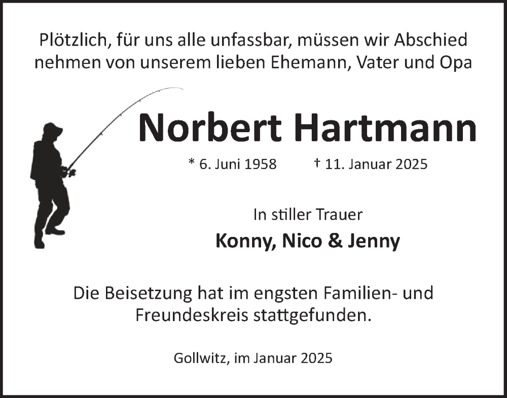  Traueranzeige für Norbert Hartmann vom 01.02.2025 aus Märkische Oderzeitung