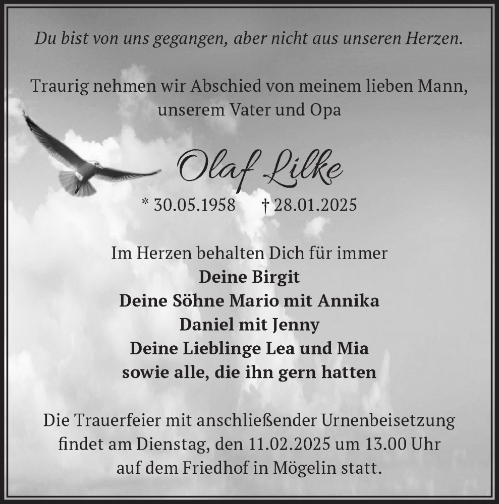  Traueranzeige für Olaf Lilke vom 08.02.2025 aus Märkische Oderzeitung