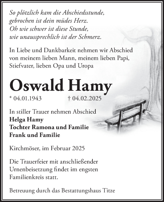 Traueranzeige von Oswald Hamy von Märkische Oderzeitung
