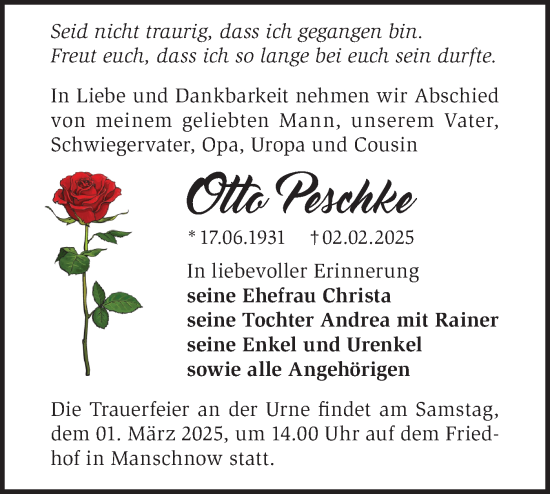 Traueranzeige von Otto Peschke von Märkische Oderzeitung