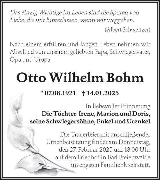 Traueranzeige von Otto Wilhelm Bohm von Märkische Oderzeitung