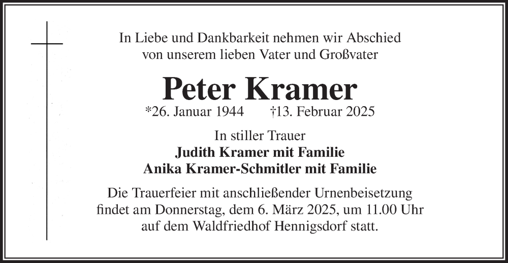  Traueranzeige für Peter Kramer vom 22.02.2025 aus Märkische Oderzeitung