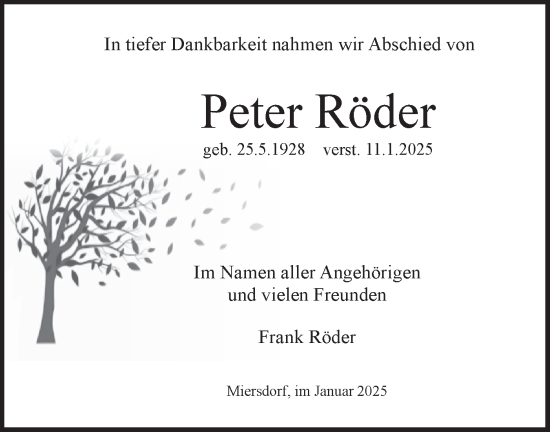 Traueranzeige von Peter Röder von Märkische Oderzeitung