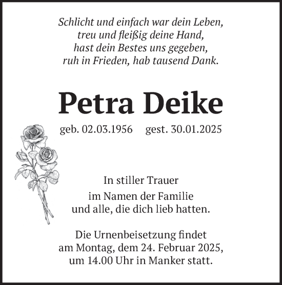 Traueranzeige von Petra Deike von Märkische Oderzeitung