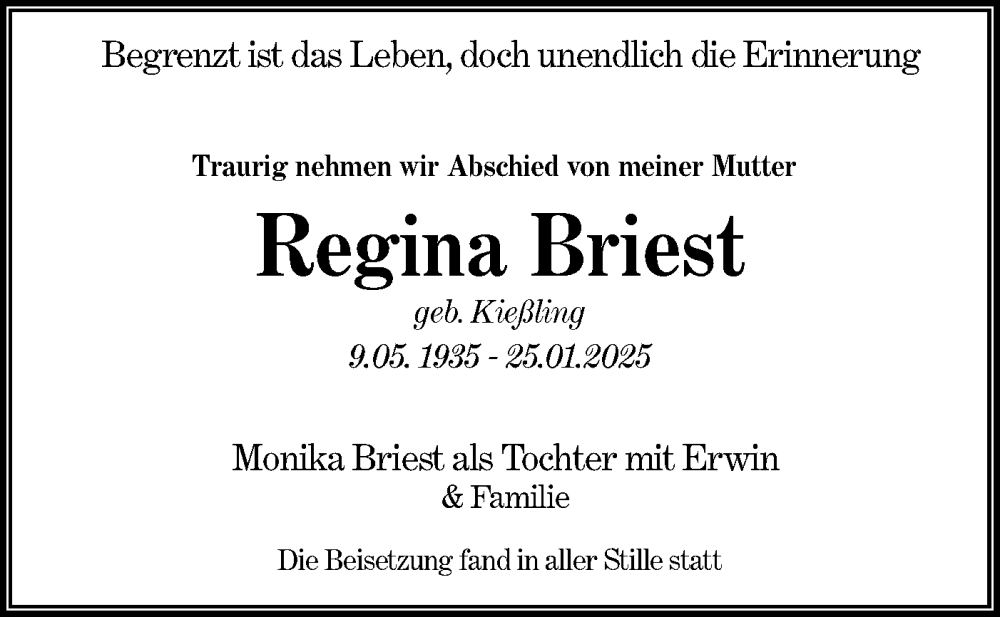  Traueranzeige für Regina Briest vom 22.02.2025 aus Märkische Oderzeitung