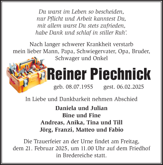 Traueranzeige von Reiner Piechnick von Märkische Oderzeitung