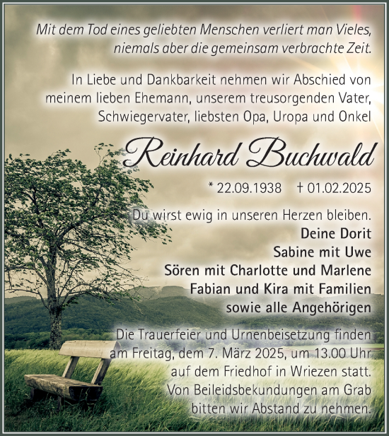 Traueranzeige von Reinhard Buchwald von Märkische Oderzeitung