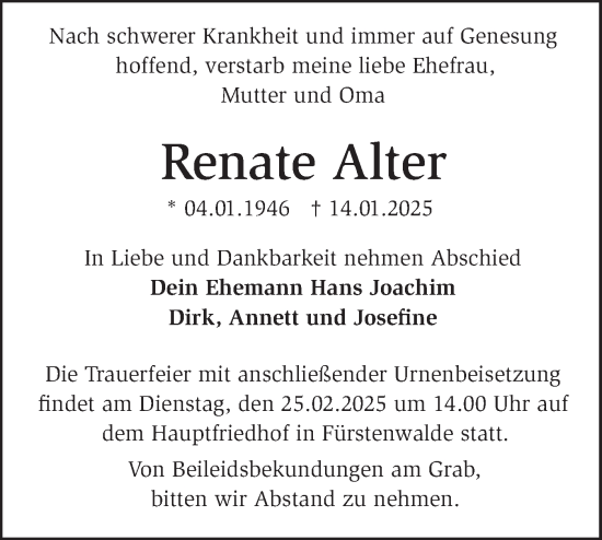 Traueranzeige von Renate Alter von Märkische Oderzeitung