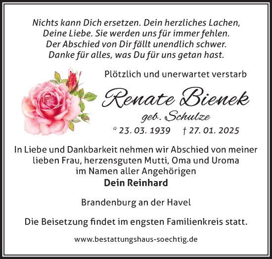 Traueranzeige von Renate Bienek von Märkische Oderzeitung