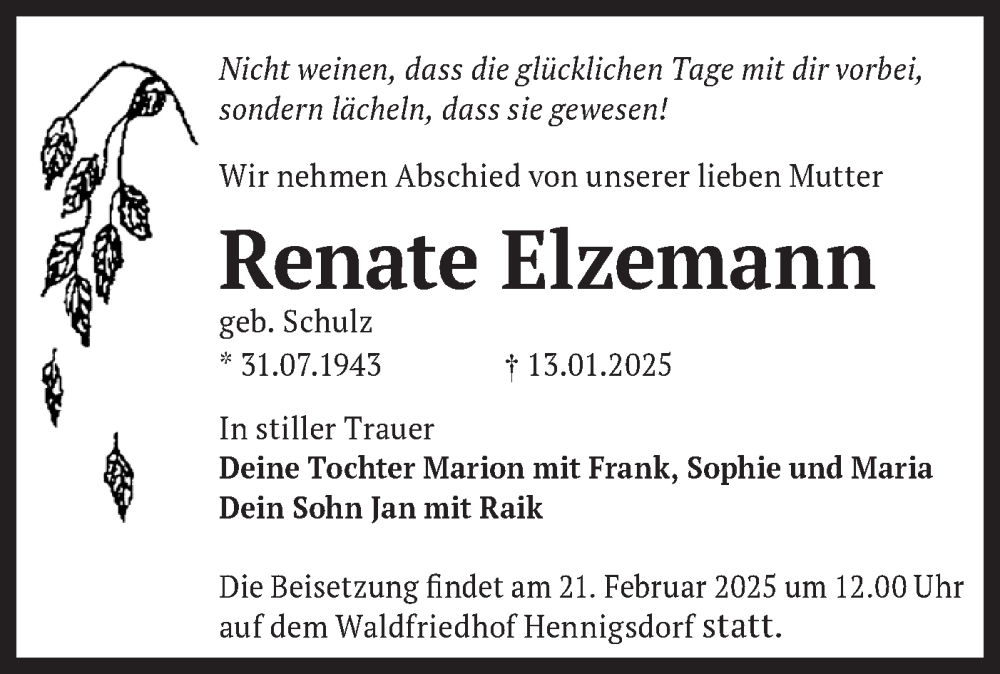  Traueranzeige für Renate Elzemann vom 15.02.2025 aus Märkische Oderzeitung