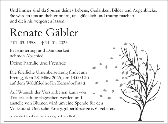 Traueranzeige von Renate Gäbler von Märkische Oderzeitung
