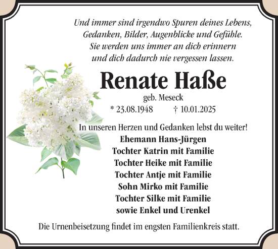 Traueranzeige von Renate Haße von Märkische Oderzeitung